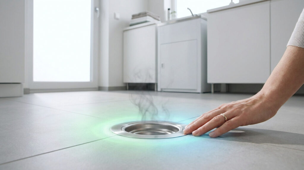 Gros plan sur une main près d'un drain de sol d'où s'échappe de la fumée, symbolisant une mauvaise odeur de fosse septique dans une pièce moderne.