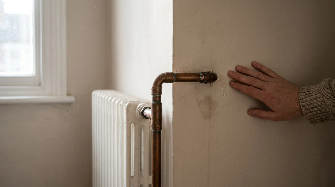 Main touchant un mur humide près d'un tuyau en cuivre fuyant et d'un radiateur blanc, indiquant une fuite d'eau à domicile.