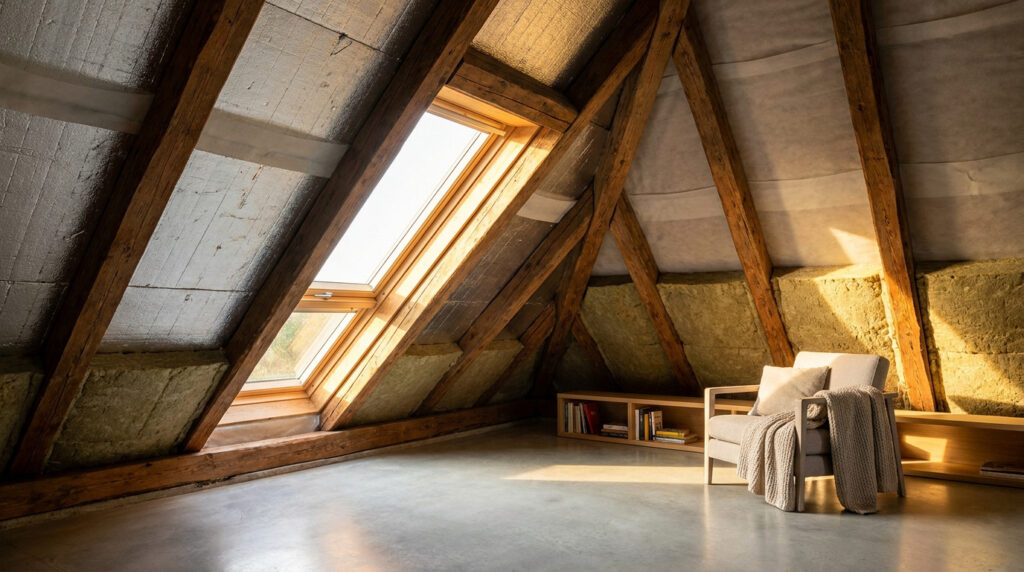 Combles aménagés avec isolation thermique entre les chevrons et une fenêtre de toit.