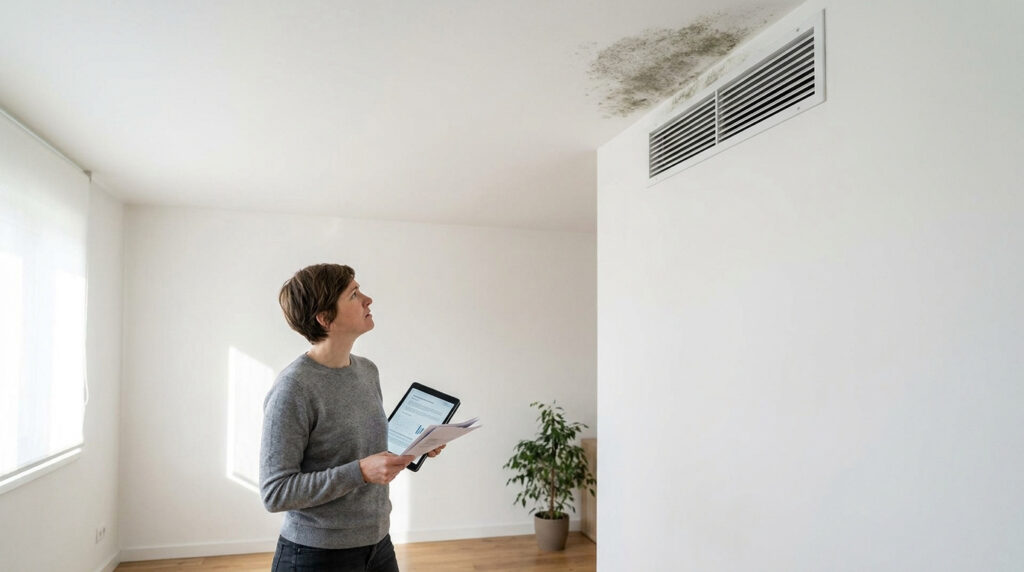 Une personne inspecte une tache de moisissure près d'une grille de ventilation au plafond avec une tablette.