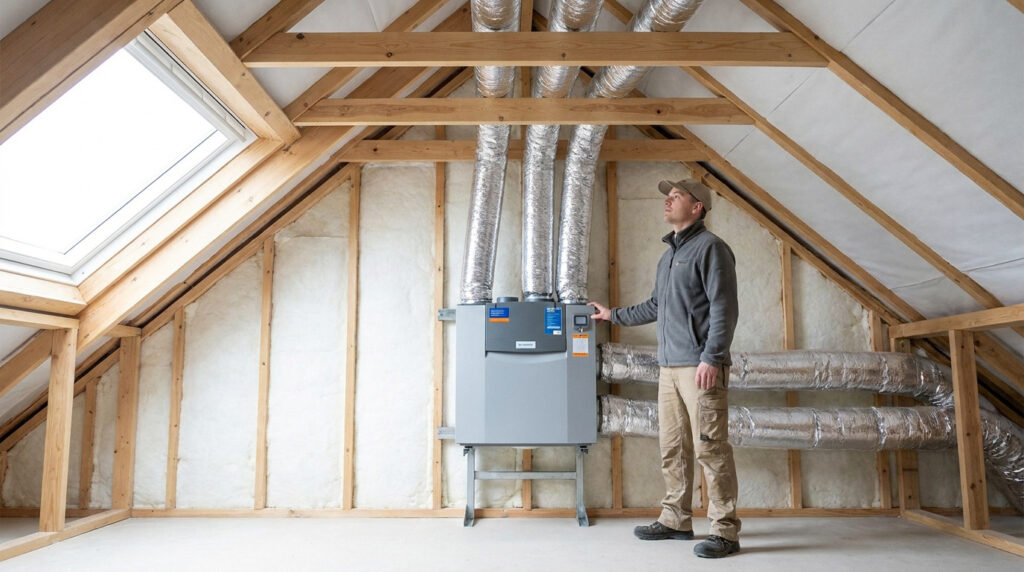 Un technicien inspecte le caisson d'une VMC double flux installé dans des combles isolés avec des gaines métalliques.