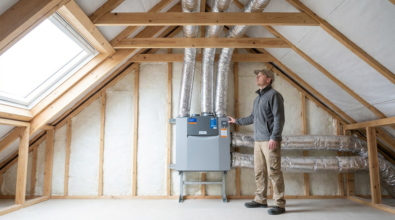 Un technicien inspecte le caisson d'une VMC double flux installé dans des combles isolés avec des gaines métalliques.