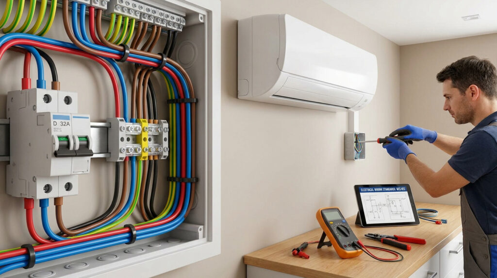 Un électricien installe un climatiseur avec des outils, un tableau électrique et des schémas de câblage à proximité.