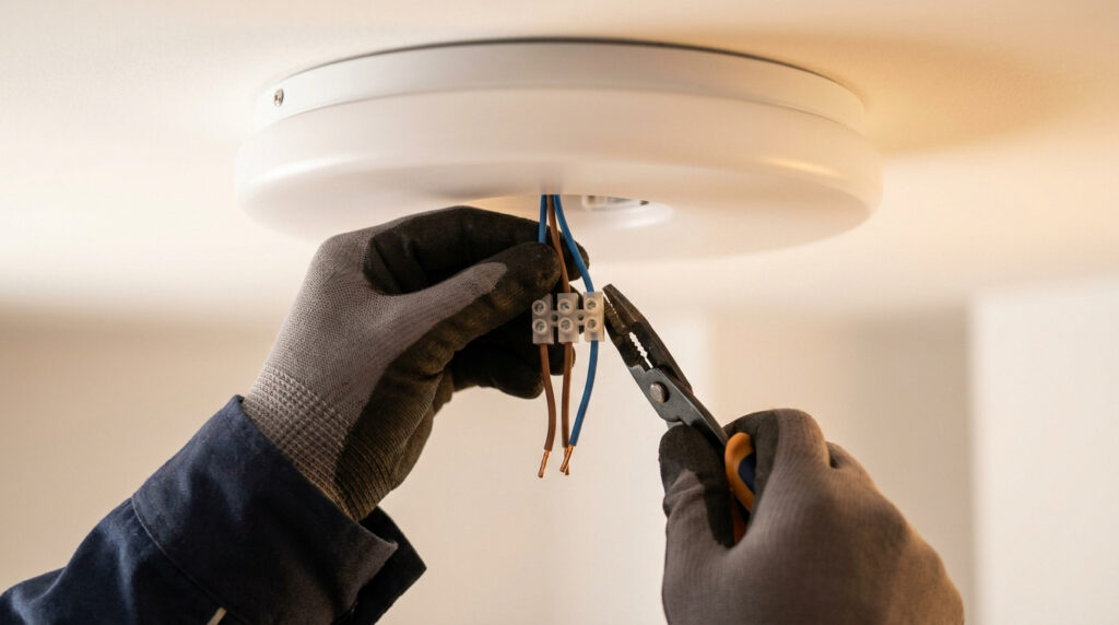 Un électricien avec des gants connecte des fils électriques à un bornier sous un plafonnier blanc.