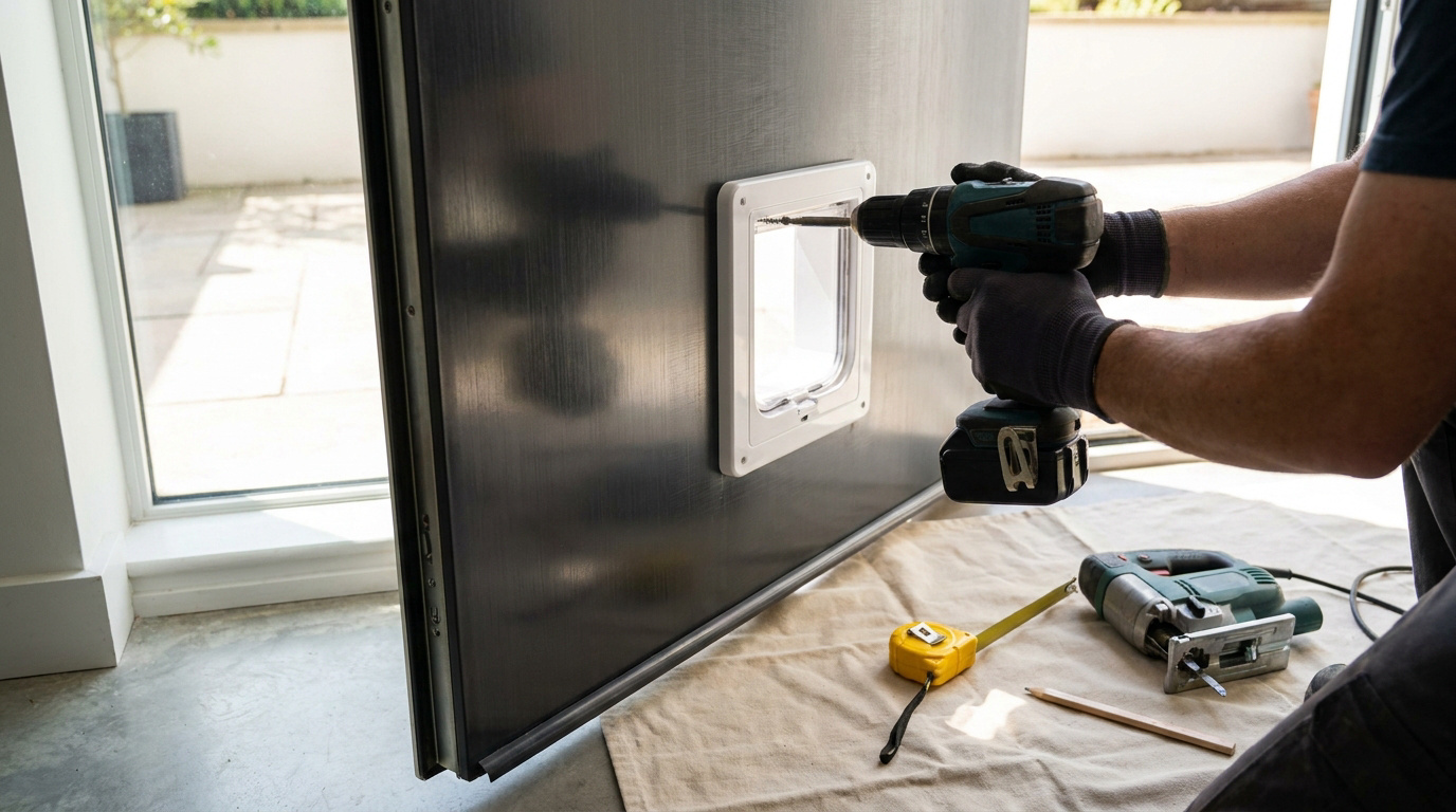 Un bricoleur fixe une chatière sur une porte métallique à l'aide d'une perceuse sans fil.