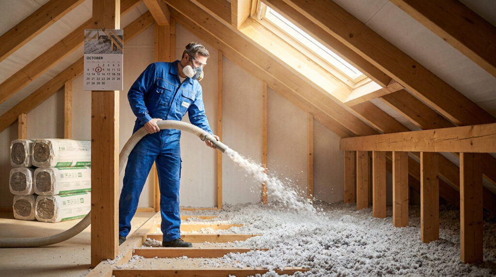 Un artisan en combinaison bleue projette de l'isolant soufflé dans les combles d'une maison sous les toits.