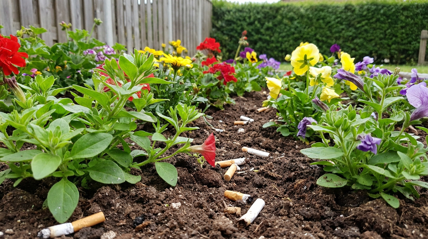 Des mégots de cigarettes éparpillés sur la terre nue au milieu d'un parterre de fleurs colorées dans un jardin.