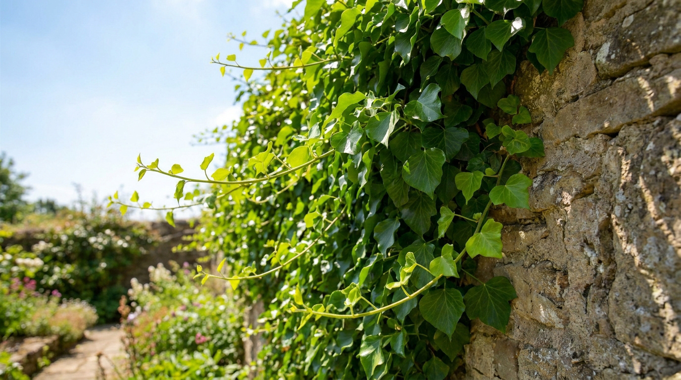 Jeunes pousses de lierre vert grimpant sur un vieux mur en pierre dans un jardin ensoleillé.