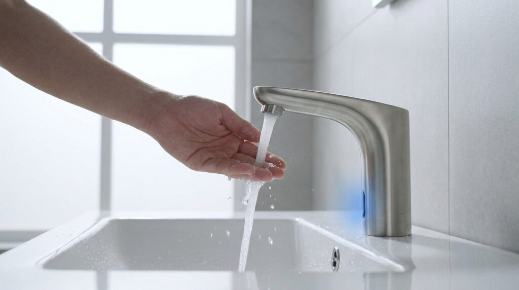 Une main se rince sous un mitigeur électrique sans contact, activé par un capteur lumineux bleu. L'eau coule dans un lavabo blanc.