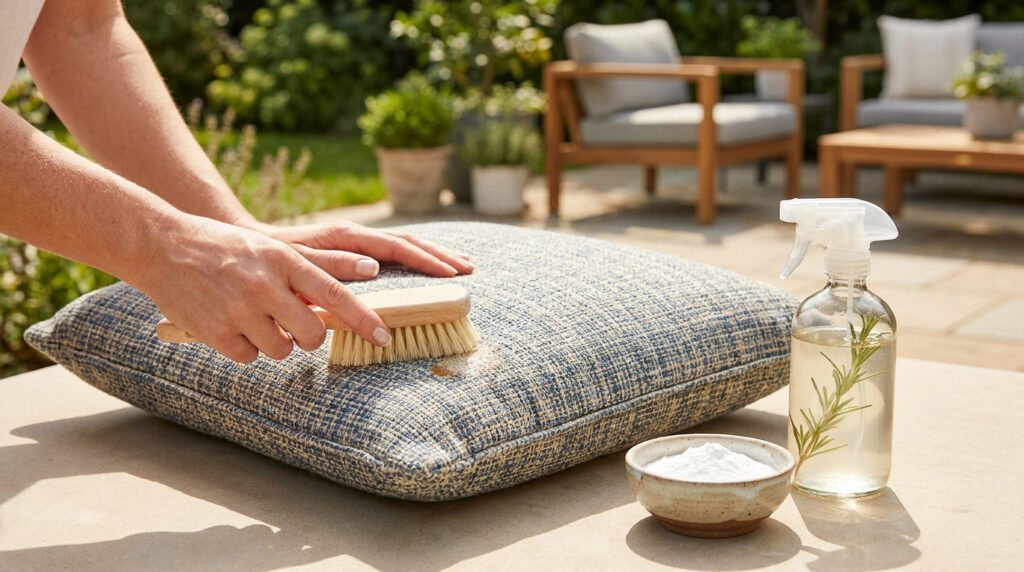 Une personne nettoie un coussin de jardin bleu avec une brosse, du bicarbonate de soude et un spray nettoyant naturel.