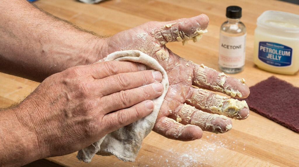 Gros plan sur des mains recouvertes de résidus de mousse expansive, en train d'être nettoyées avec un chiffon.