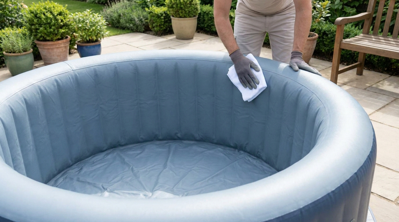 Une personne gantée nettoie l'intérieur d'un spa gonflable gris avec un chiffon blanc, préparant son rangement.