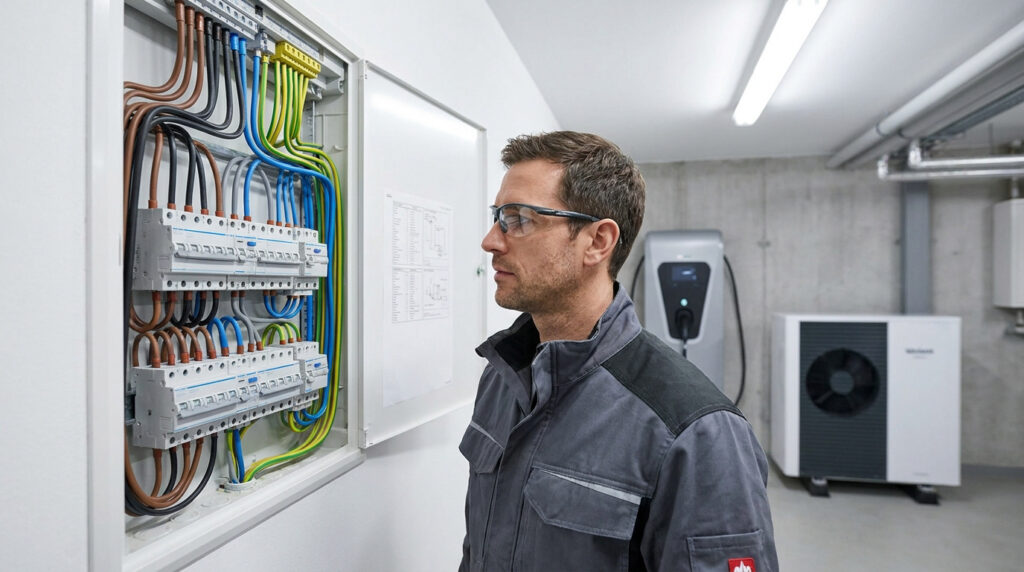 Un électricien inspecte un tableau électrique domestique, avec une borne de recharge et une pompe à chaleur en arrière-plan.