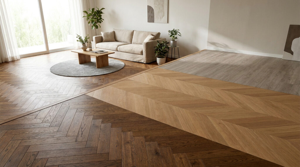 Salon lumineux avec trois types de parquet : chevrons foncés et clairs, et lames larges. Canapé beige et table basse en bois.