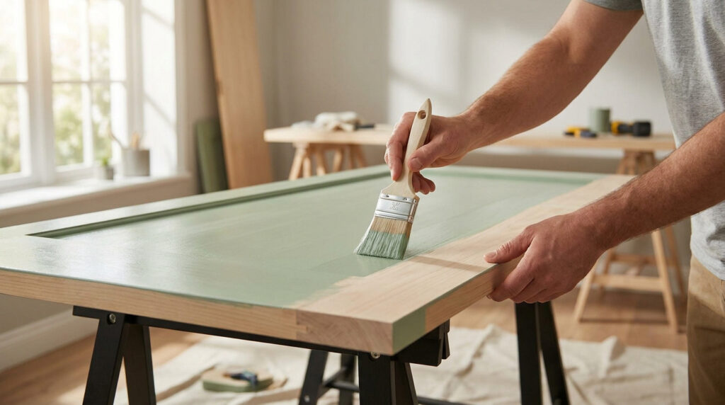 Une personne peint un panneau de bois clair en vert sauge avec un pinceau, posé sur des tréteaux. Rénovation de bois.