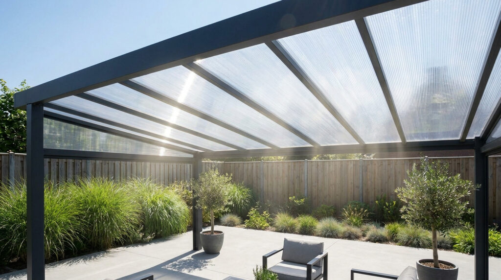 Pergola moderne avec toit translucide en polycarbonate au-dessus d'une terrasse ensoleillée avec jardin.
