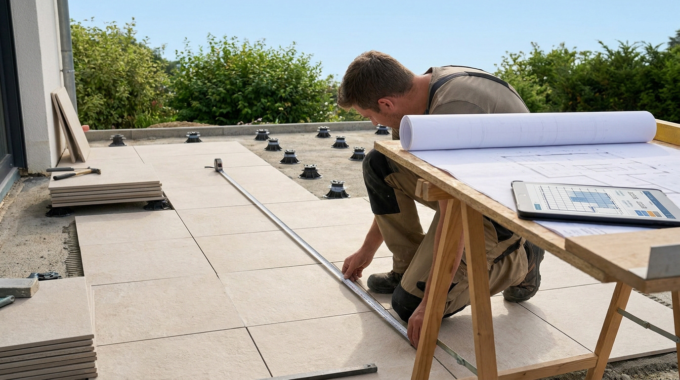 Un artisan mesure une terrasse en cours de construction avec un mètre ruban, un plan et une tablette à ses côtés.