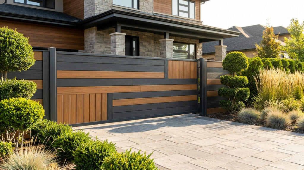 Un portail coulissant bicolore en composite devant une maison contemporaine avec jardin paysager.