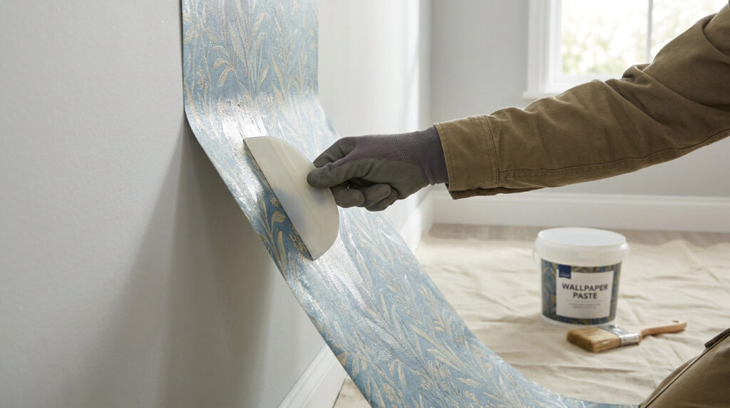 Main gantée lissant du papier peint bleu à motifs floraux sur un mur clair avec une spatule. Un pot de colle est au sol.