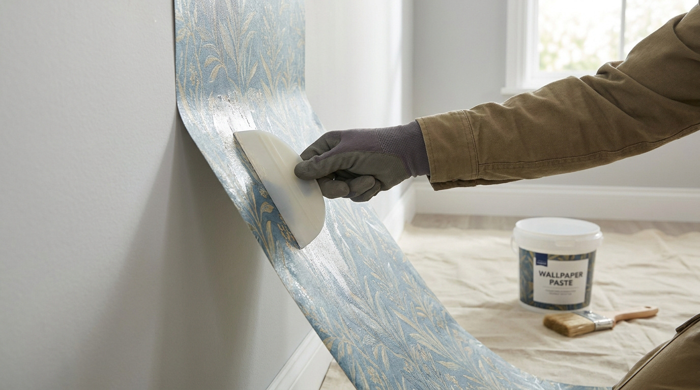 Main gantée lissant du papier peint bleu à motifs floraux sur un mur clair avec une spatule. Un pot de colle est au sol.