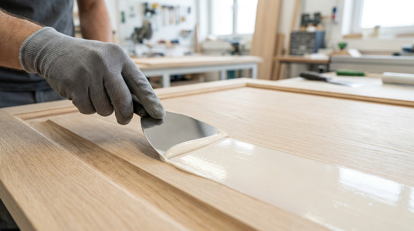 Gros plan sur une main gantée utilisant un couteau à enduire pour lisser la surface d'une porte en bois brut.