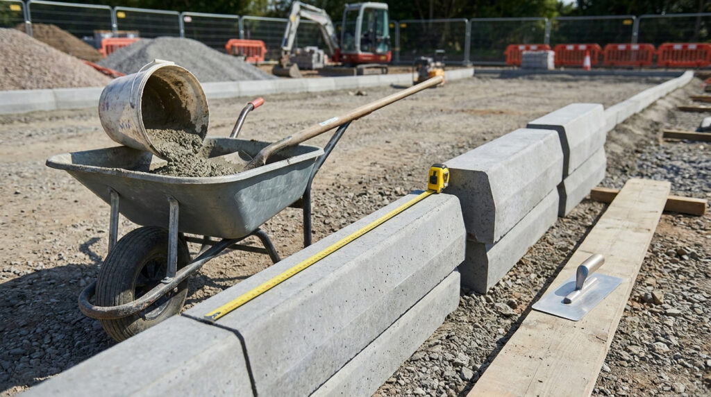 Brouette, seau de béton et mètre ruban sur un chantier de pose de bordures de béton T2.
