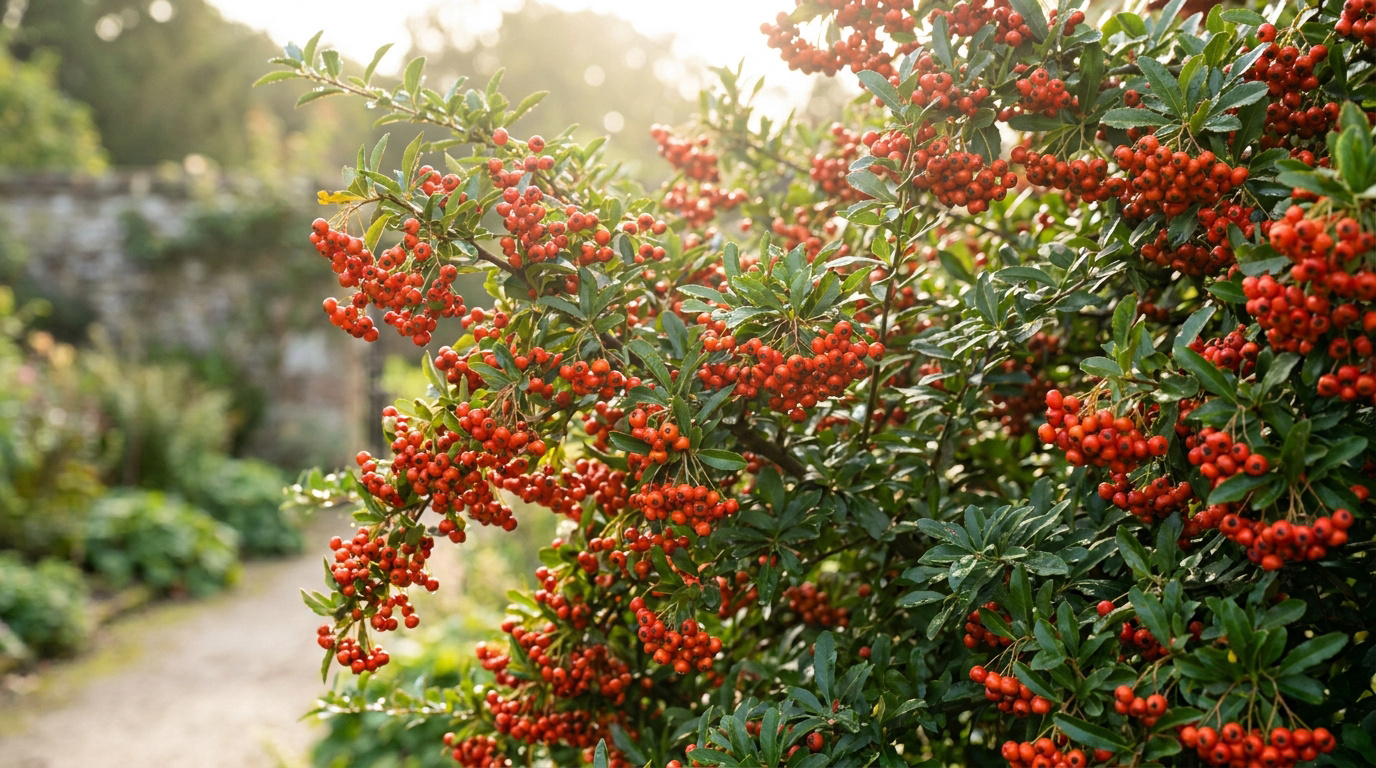 Gros plan sur un buisson ardent chargé de grappes de baies rouge vif, illuminées par la lumière douce du soleil couchant.