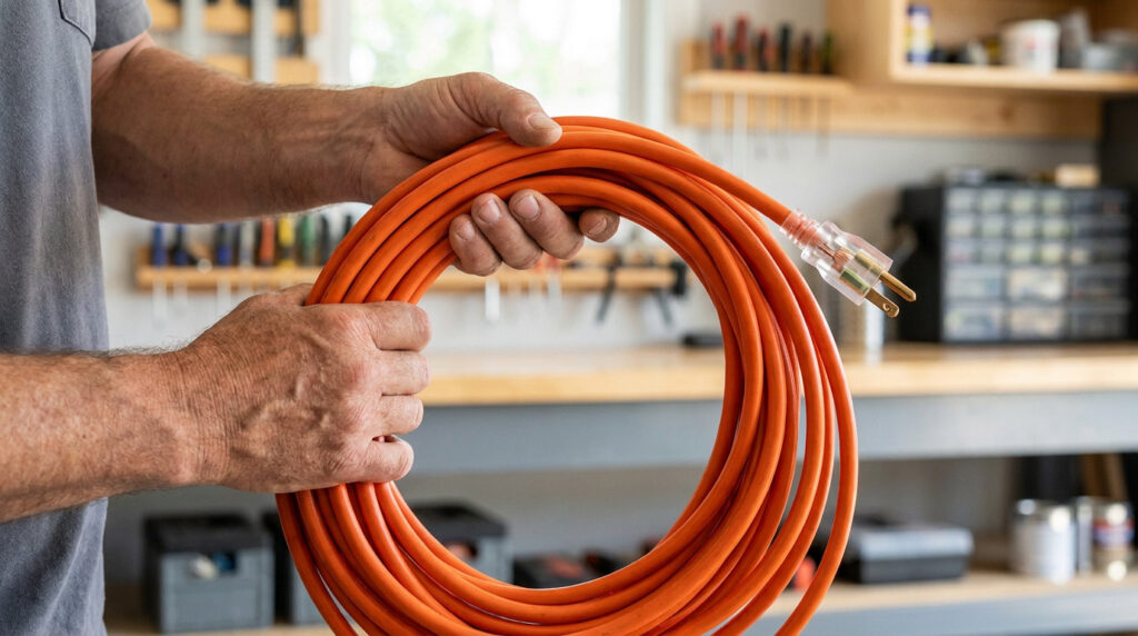 Un homme tient une rallonge électrique orange soigneusement enroulée en cercle dans un atelier.