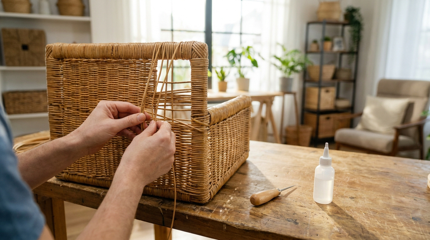 Mains travaillant le tressage d'un panier en rotin sur un établi en bois, avec des outils et de la colle à proximité.