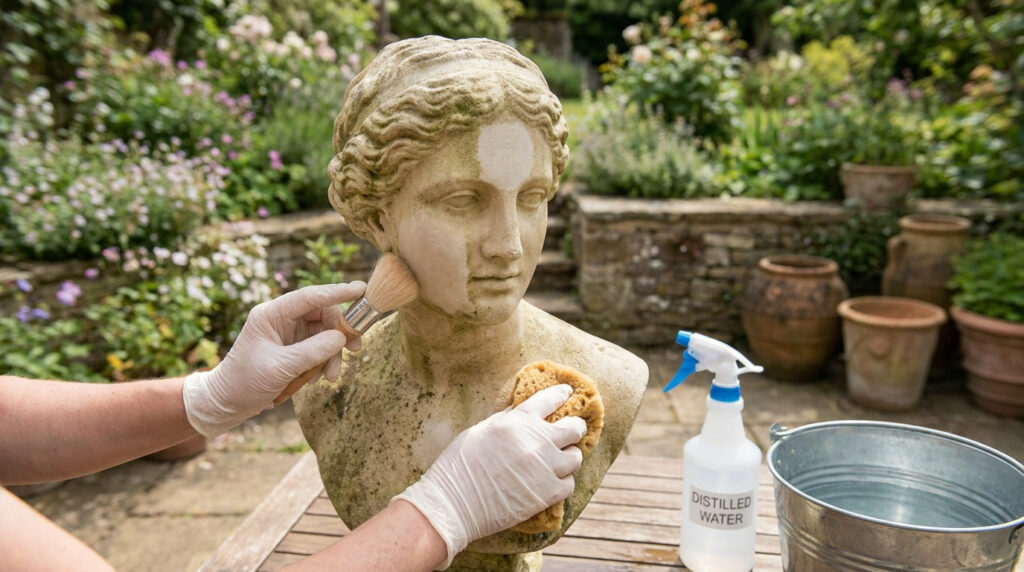 Mains gantées nettoyant une statue en pierre avec une brosse et une éponge dans un jardin.