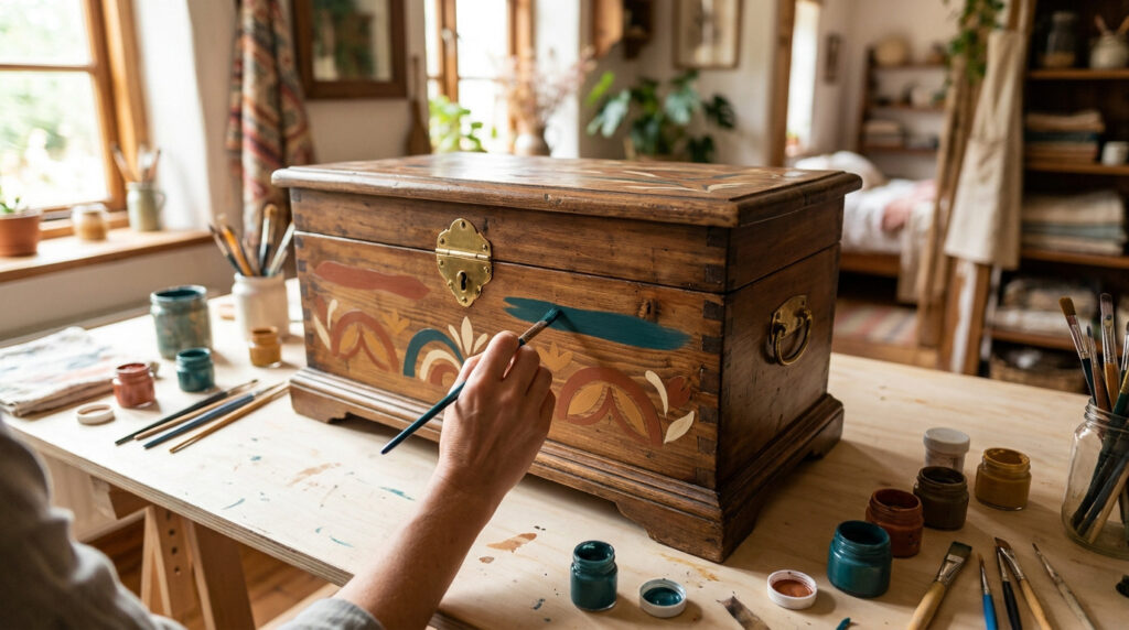 Une main peint des motifs décoratifs colorés sur un coffre en bois ancien posé sur un établi d'atelier.