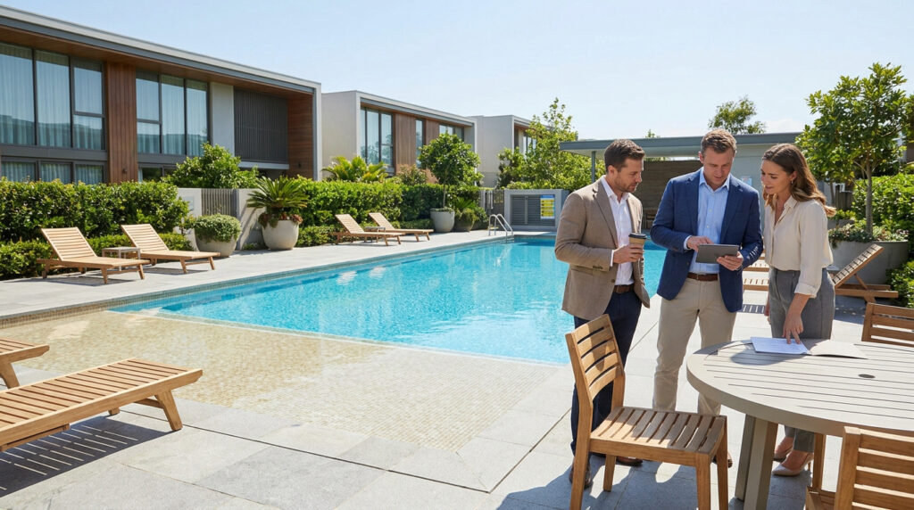 Trois professionnels discutent près d'une piscine moderne en copropriété, consultant une tablette et des documents.