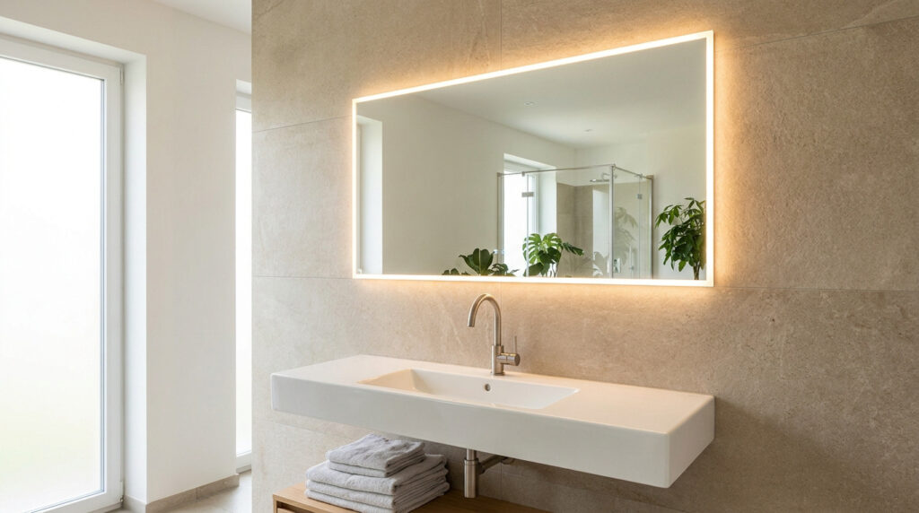 Salle de bain moderne avec miroir de lavabo rectangulaire éclairé, vasque flottante, robinet en métal brossé et carrelage beige.