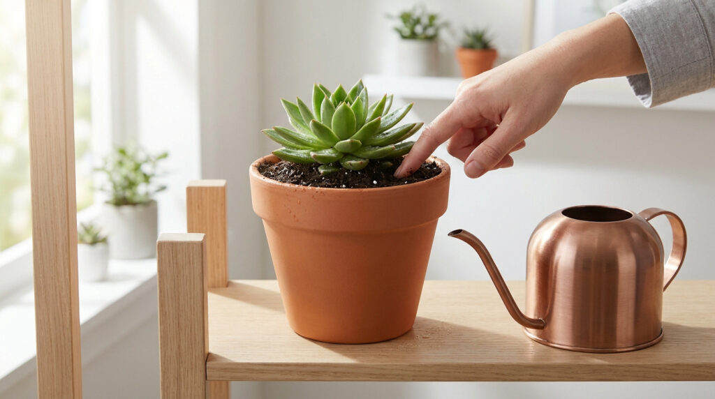 Une main teste le terreau d'une succulente en pot d'argile, à côté d'un arrosoir en cuivre sur une étagère.