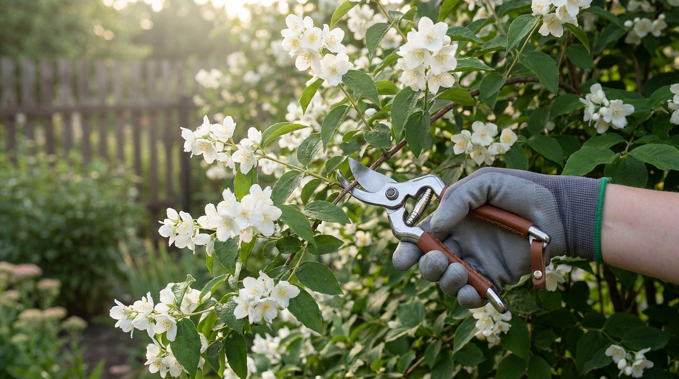 Une main gantée utilisant un sécateur pour couper une branche de seringat en fleurs dans un jardin.