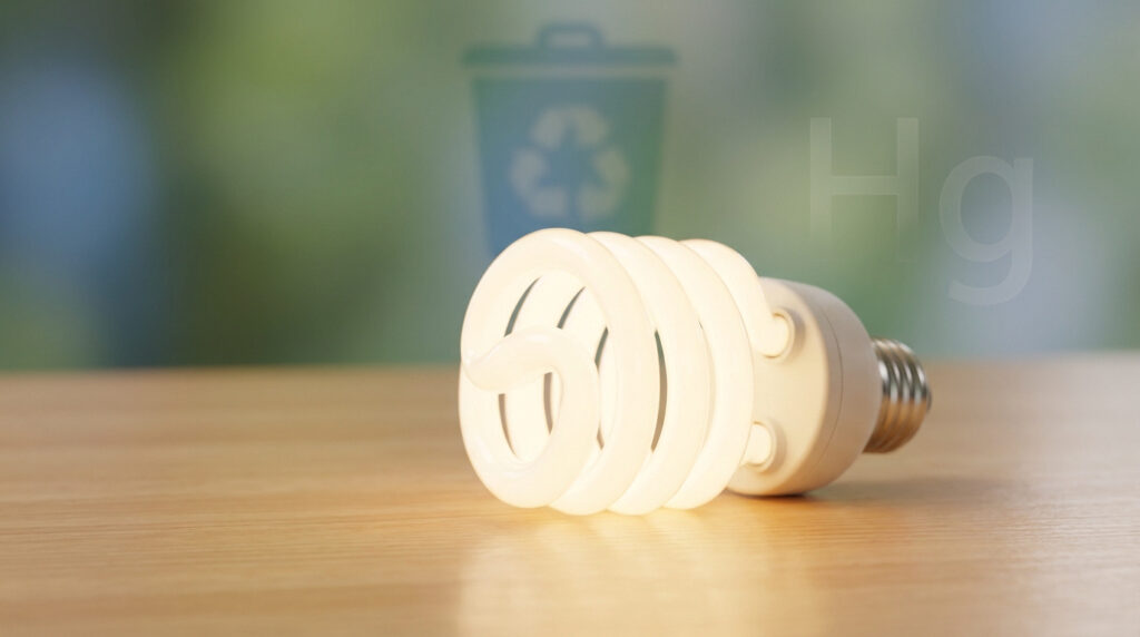 Lampe fluocompacte posée sur une table avec une icône de recyclage et le symbole chimique du mercure en arrière-plan.