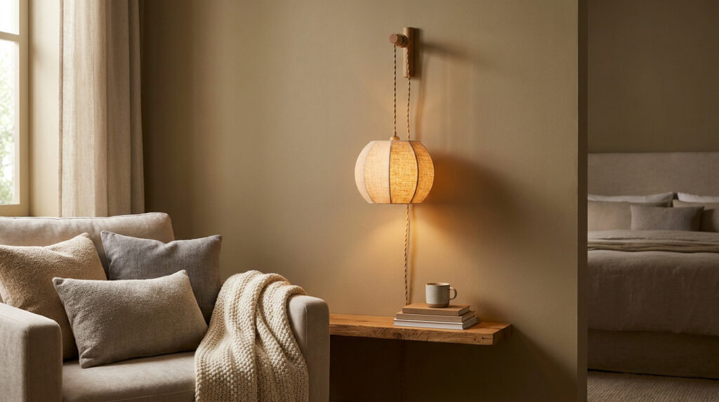 Applique murale style baladeuse en tissu beige suspendue au-dessus d'une étagère en bois dans une chambre zen.