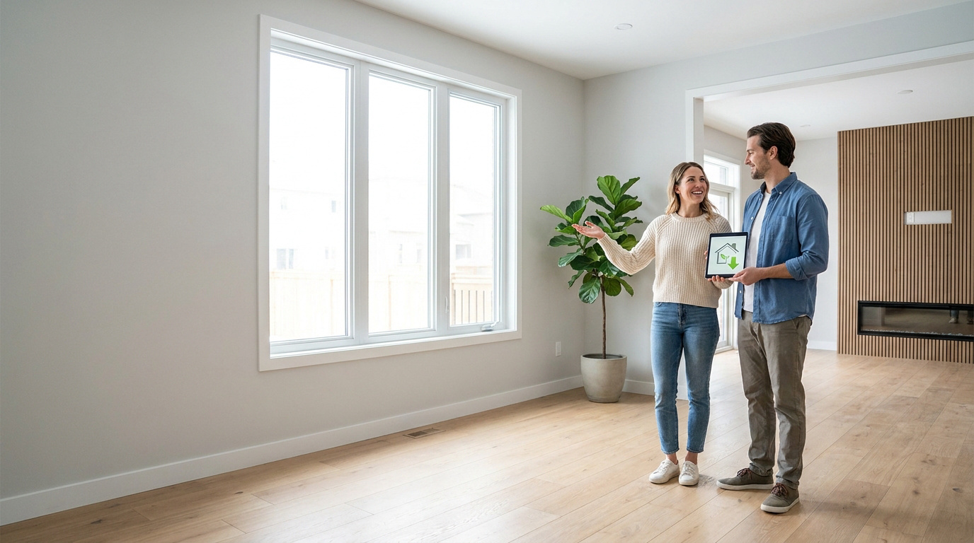 Un couple souriant montre une tablette numérique avec une icône de maison écologique dans un salon moderne rénové.