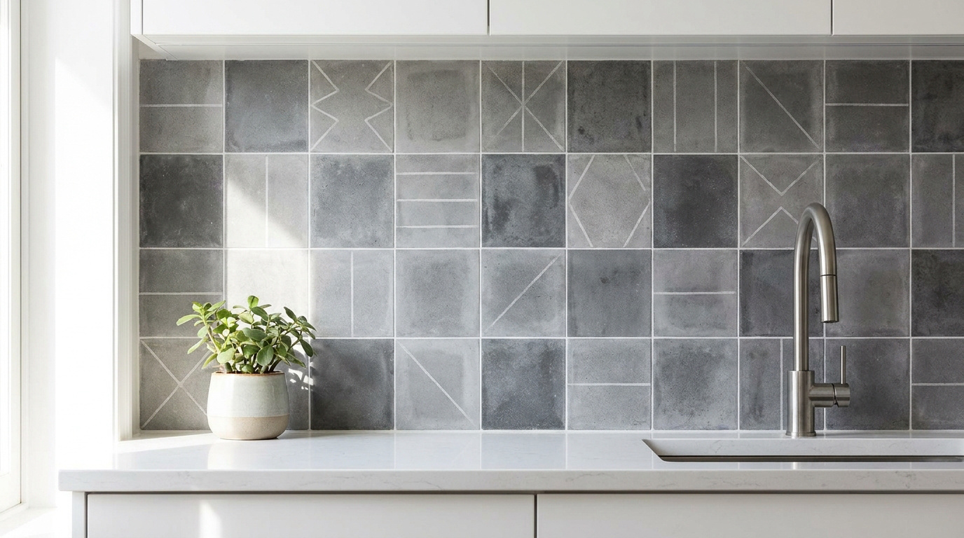 Crédence de cuisine moderne avec des carreaux de ciment gris à motifs géométriques et un robinet en inox.