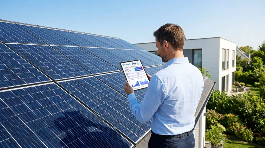 Un technicien vérifie une attestation Consuel sur tablette devant des panneaux solaires sur un toit résidentiel.