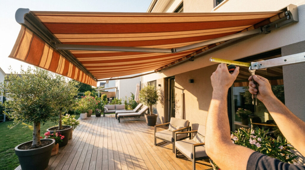 Gros plan sur les mains d'un bricoleur mesurant le bras articulé d'un store de terrasse rayé orange et beige.