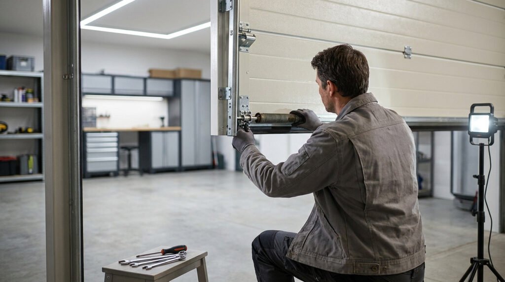 Un technicien ajuste le ressort de tension d'une porte de garage basculante dans un atelier bien équipé.