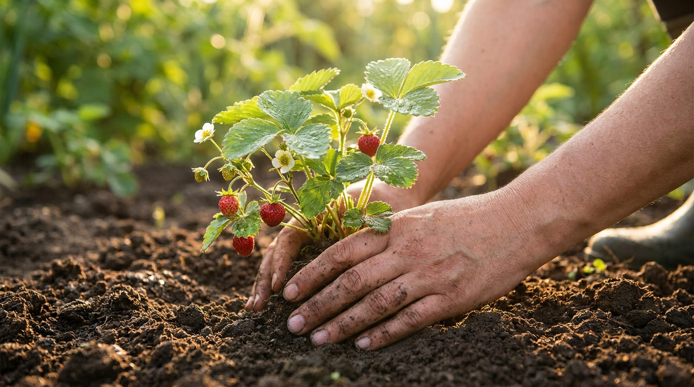 Mains de jardinier plantant un fraisier remontant avec des fruits et fleurs dans la terre au coucher du soleil.