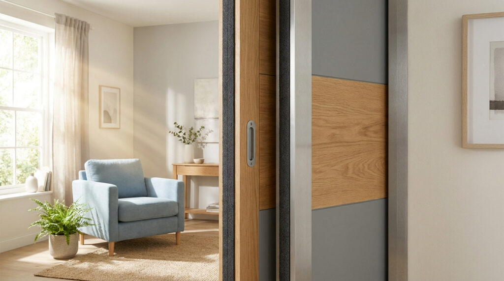 Une porte coulissante moderne en bois et gris installée dans un intérieur élégant et lumineux.
