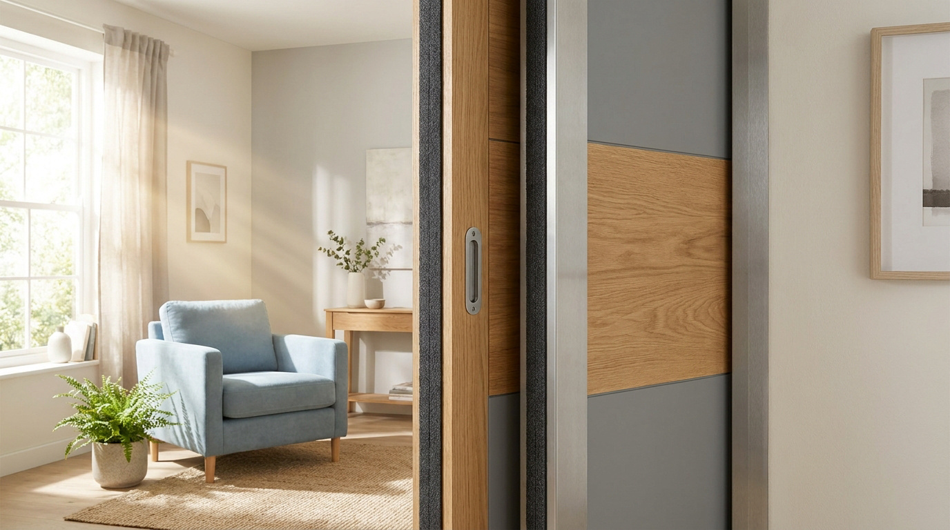 Une porte coulissante moderne en bois et gris installée dans un intérieur élégant et lumineux.