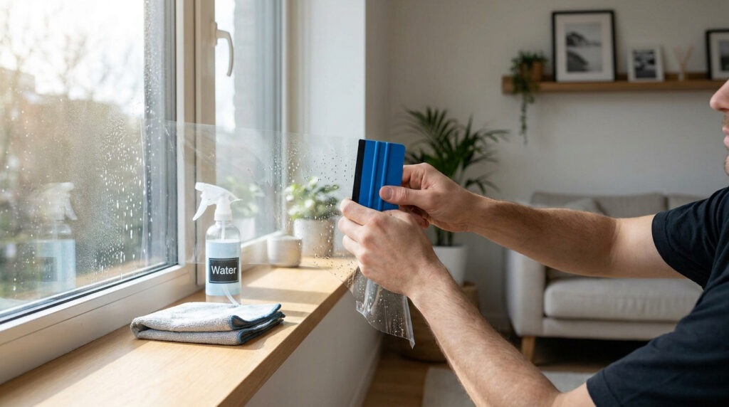 Un homme utilise une raclette bleue pour appliquer un film isolant transparent sur une vitre humide.