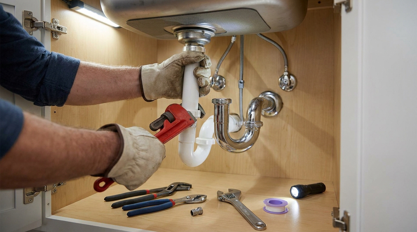 Plombier portant des gants travaillant sur le siphon d'un évier avec une clé serre-tube sous un meuble.