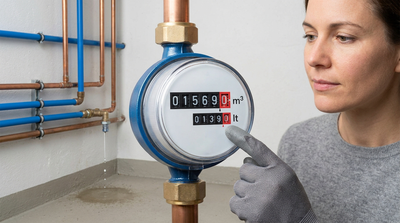 Une femme examine un compteur d'eau en indiquant le cadran tandis qu'une fuite est visible sur un tuyau en arrière-plan.