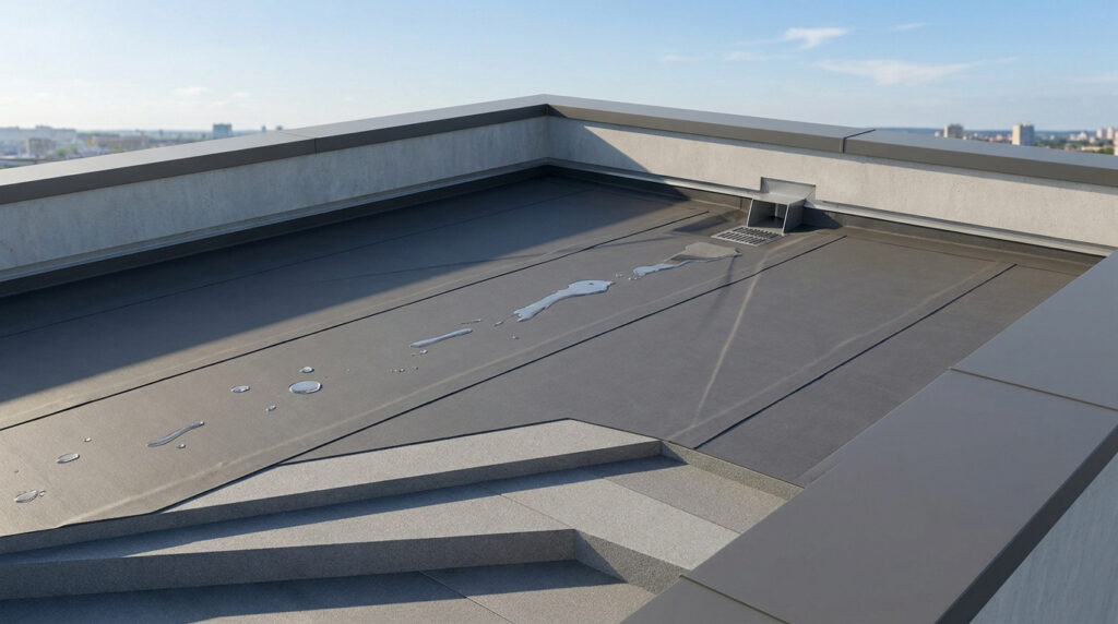Gros plan sur une toiture plate moderne avec un système d'évacuation d'eau et des gouttes de pluie en surface.