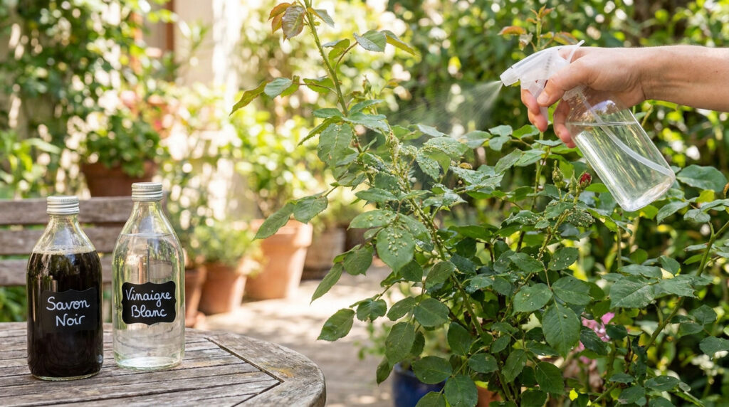 Une main vaporise un mélange naturel sur un rosier envahi de pucerons à côté de bouteilles de savon noir et vinaigre.